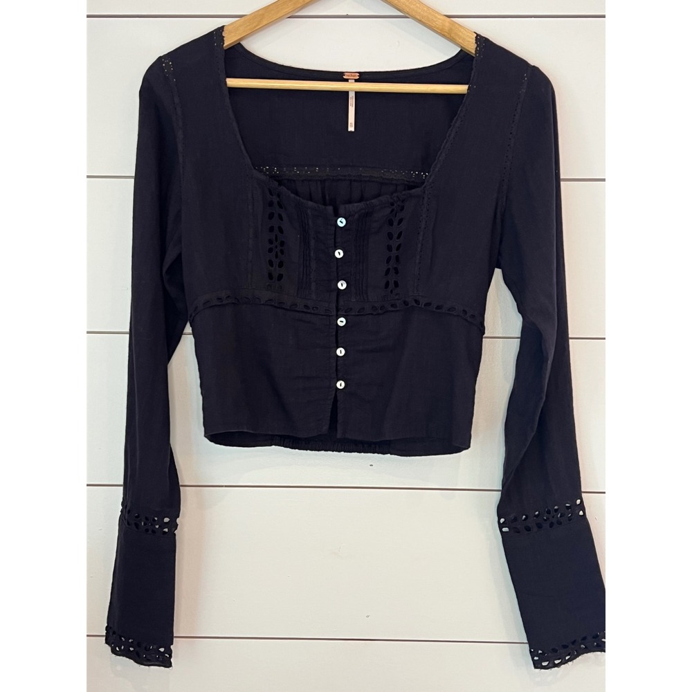 Free People Black Eyelet Cotton Crop Top Long Sleeve Button Front Boho Blouse XS